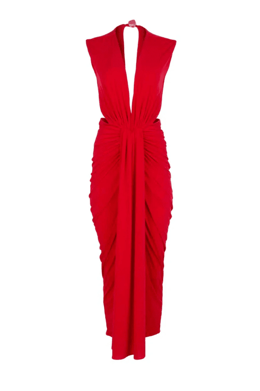 Nia Maxi Dress Orange Red by Baobab – A trendy, elegant maxi with deep V-neck, open back, ruched accents, and flowing slit. Perfect for bold, special moments.