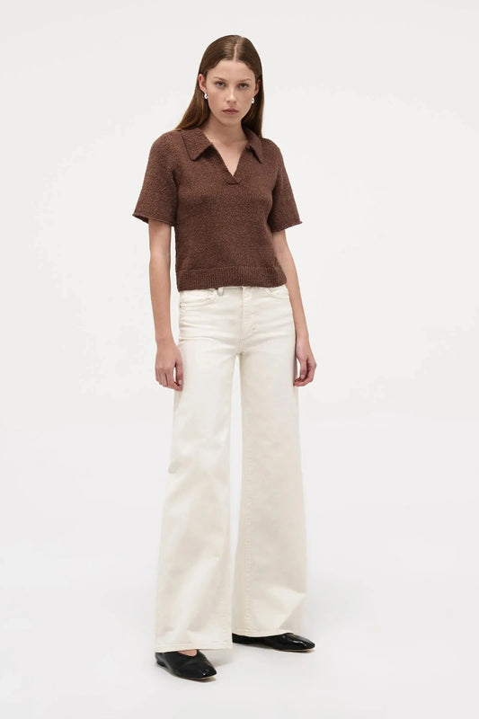 Neuw Denim Cecil Knit Polo in Espresso, cropped knit tee with polo collar, ribbed hems, and retro-inspired silhouette.