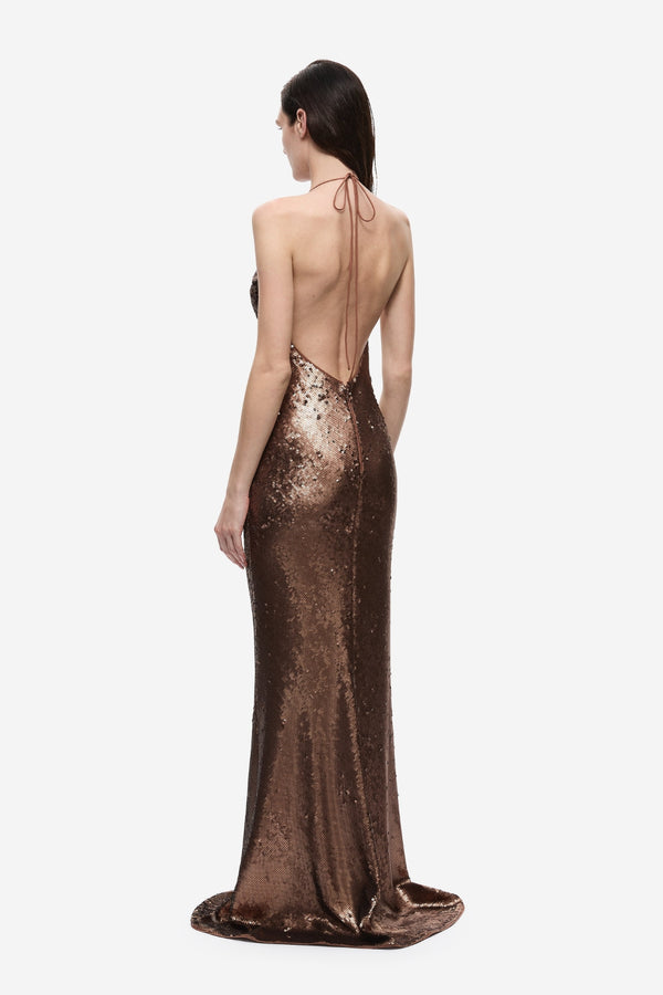 The Plunge Sequin Jersey Maxi Dress Mocha