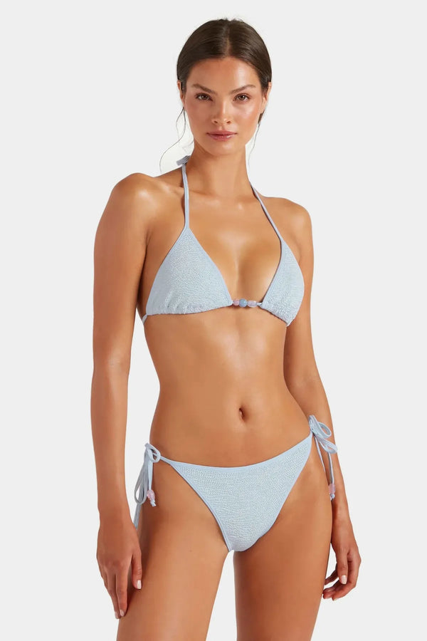 Gina Beaded Bikini Metallic Ice Blue by Hunza G, crinkle triangle bikini with beads, perfect for beach or pool styling