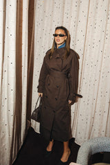 Jaz Contrast Double Breasted Trench Coat Chocolate by Sneaky Link – a trench with denim panels and tie waist. Perfect for elevated styling.