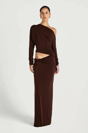 Enya Maxi Dress Chocolate by Benni, off shoulder jersey gown with twist waist, perfect for events or evening styling