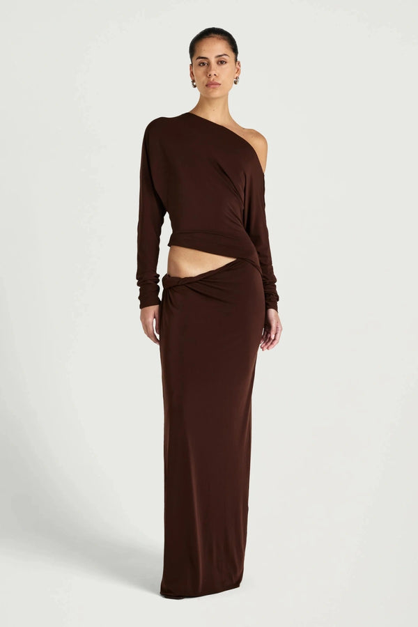 Enya Maxi Dress Chocolate by Benni, off shoulder jersey gown with twist waist, perfect for events or evening styling