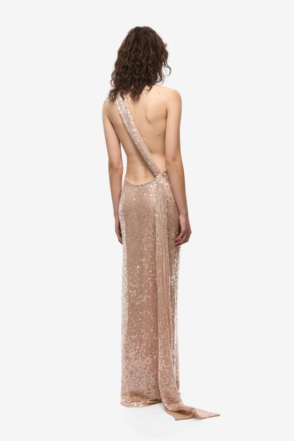 Nicolette Lace Sequin Dress Soft Pink by Misha, sequin halter dress with column fit, perfect for evening events and formal occasions