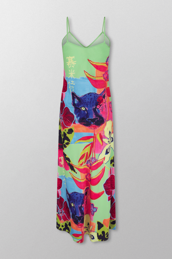 Siren Dress Wasabi Jungle by Summi Summi — Featuring vibrant hand-painted print and a lightweight satin fabric, this flowy summer dress offers effortless elegance and comfort.