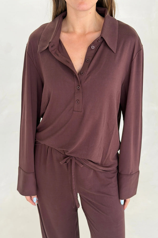 Hunter Long Sleeve Polo Top Chocolate by Sneaky Link, ultra soft stretch polo with a second-skin fit and button neckline.