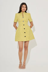 Cotton Mix Boucle Button Dress Chartreuse