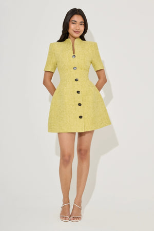 Cotton Mix Boucle Button Dress Chartreuse