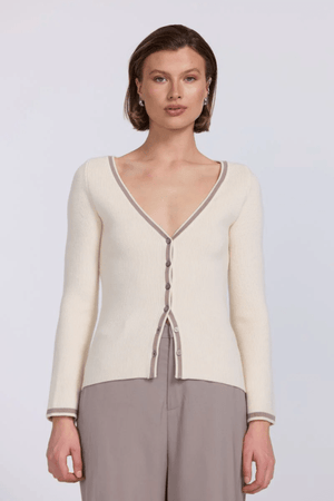 Aimee Combo Contrast Cardi Cream by Sovere – Two-piece knit set with a fitted racer tank and coordinating wide V-neck cardigan with button closure. Soft viscose blend, model wears size 8.