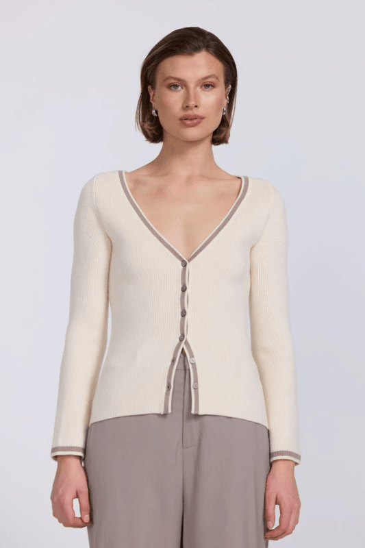 Aimee Combo Contrast Cardi Cream by Sovere – Two-piece knit set with a fitted racer tank and coordinating wide V-neck cardigan with button closure. Soft viscose blend, model wears size 8.