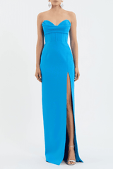 Skyla Gown Bright Blue by Rebecca Vallance – Viral strapless sweetheart gown with corseted waist and front slit, combining elegance and allure for standout formal occasions.