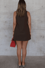Kate Mini Dress Cocoa by Sneaky Link – A trendy and polished mini dress crafted from luxe suiting fabric, featuring a high scoop neckline and flattering A-line silhouette, perfect for brunch, work, or casual chic outings.