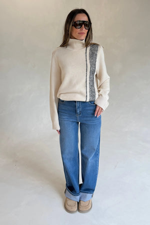 Tusk Stripe Detail Knit Turtleneck Cream Black by camilla and marc – merino wool turtleneck with contrast jacquard stripe graphic.