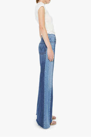 The Tux Sidestepper Sneak Fray Double Take by Mother, wide leg rigid jeans with frayed hem, perfect for edgy everyday styling