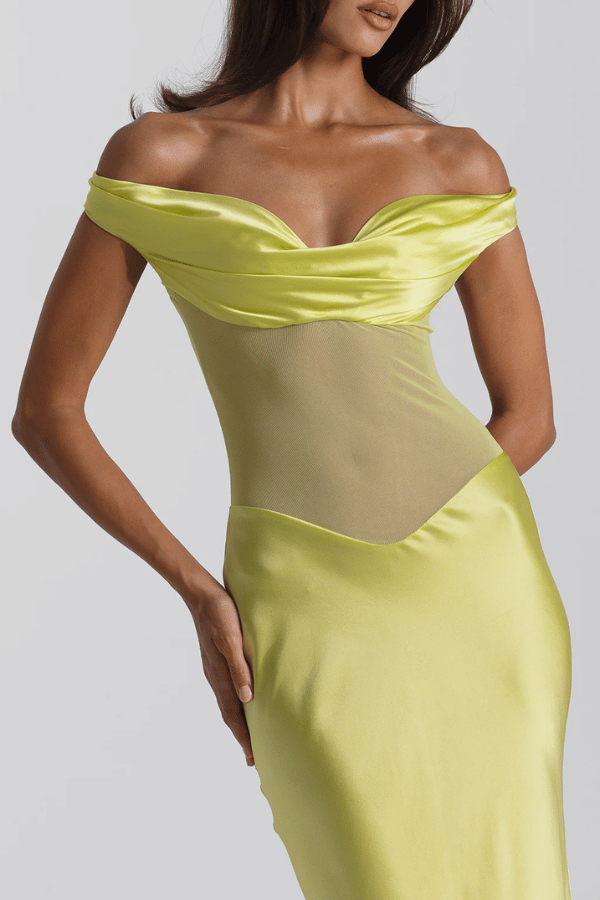 Gwyneth Gown Chartreuse by Natalie Rolt – Sculptural silk and mesh gown handcrafted in Australia for striking, modern occasionwear