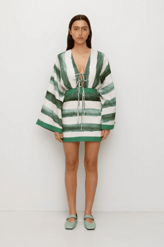 Havana Mini Dress by The Wolf Gang – A trendy mini with bold print, kimono bell sleeves, and contrast bindings, perfect for effortless day-to-night style.