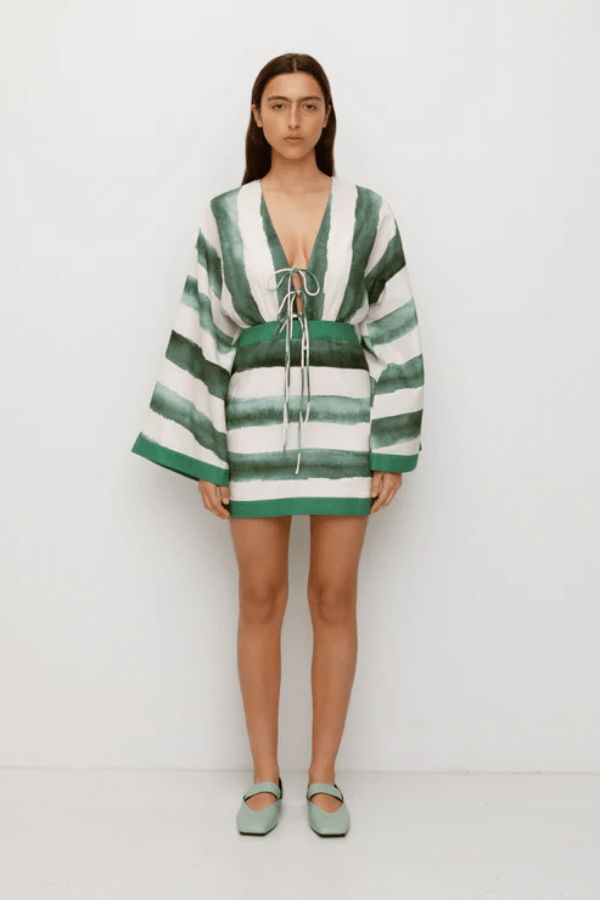 Havana Mini Dress by The Wolf Gang – A trendy mini with bold print, kimono bell sleeves, and contrast bindings, perfect for effortless day-to-night style.