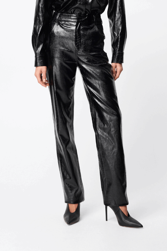 Salt Water Pant Croc by Mossman, high-rise faux croc leather trousers with a straight leg, jean-style pockets, and belt loops. Fierce yet practical for everyday wear.