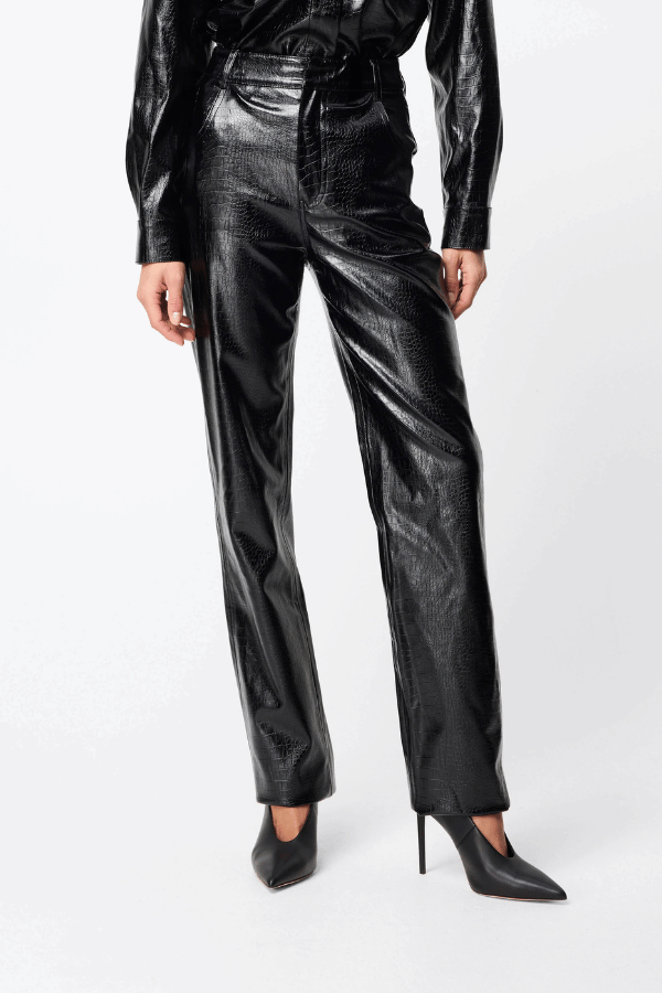 Salt Water Pant Croc by Mossman, high-rise faux croc leather trousers with a straight leg, jean-style pockets, and belt loops. Fierce yet practical for everyday wear.