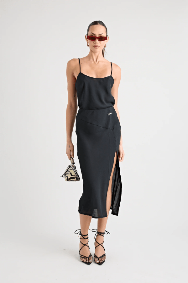Gianni Scoop Cami Black by Pfeiffer, lightweight scoop-neck cami with adjustable straps and bias cut, perfect for trendy viral warm-weather and chic coordinated looks.