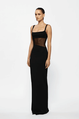 Cyia Gown Black by Effie Kats – Sleek stretch crepe gown with delicate straps, mesh inserts, and low back, featuring a back split for graceful movement and timeless elegance.