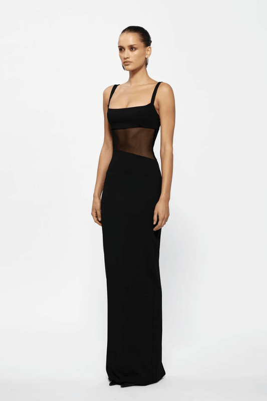 Cyia Gown Black by Effie Kats – Sleek stretch crepe gown with delicate straps, mesh inserts, and low back, featuring a back split for graceful movement and timeless elegance.