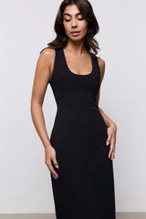 Cotton Mix Volume Midi Dress Black by Odd Muse – fitted sleeveless midi dress with waist cinch and scoop neckline.