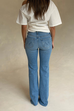 MOTHER The Doozy Room Service jeans, light wash flare denim with high rise fit and vintage inspired silhouette, everyday jeans for casual styling.