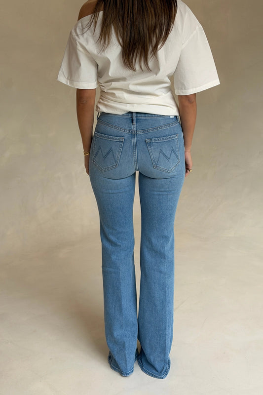 MOTHER The Doozy Room Service jeans, light wash flare denim with high rise fit and vintage inspired silhouette, everyday jeans for casual styling.