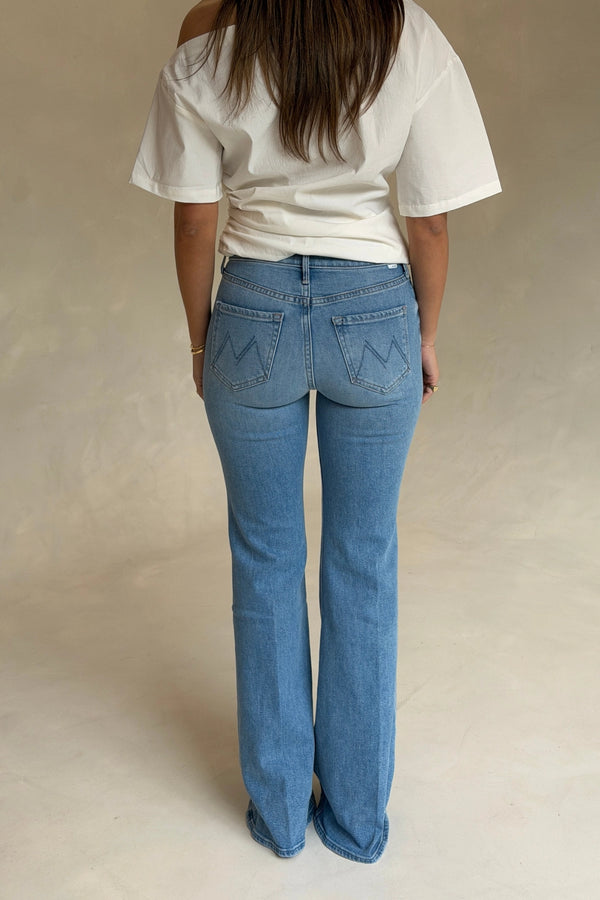 MOTHER The Doozy Room Service jeans, light wash flare denim with high rise fit and vintage inspired silhouette, everyday jeans for casual styling.