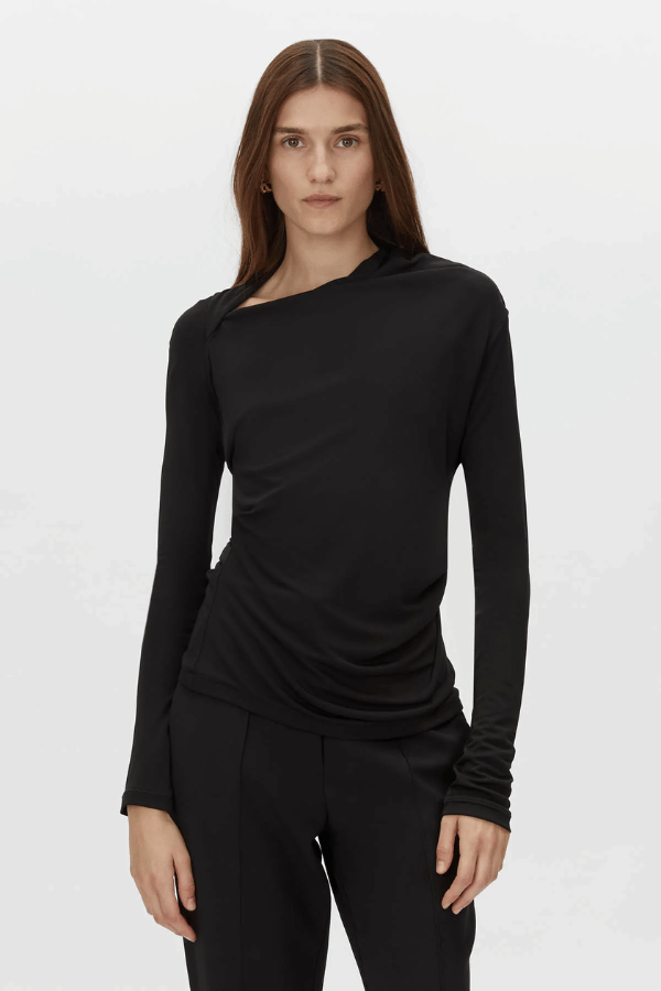 Mai Long Sleeve Top Black by Camilla and Marc – asymmetric twisted neckline with side tucks and sleek lining, perfect for elegant nights or polished day looks.