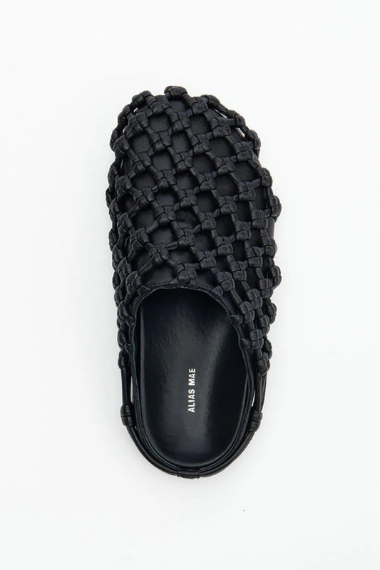 Shay in Black by Alias Mae, a woven leather rounded-toe mule in rich chocolate brown with slip-on silhouette.