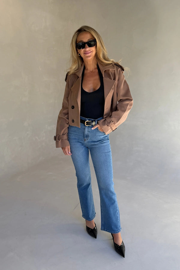 Cropped Trench Jacket Tan by Sneaky Link, structured cropped trench with classic tailoring and a fully lined finish.