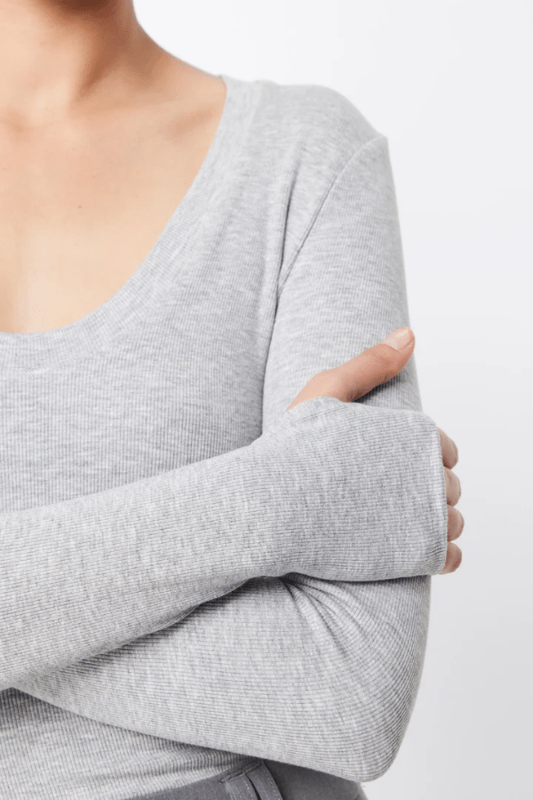 Lincoln Top Grey Marle by Mossman, soft double-layer ribbed jersey with scoop neckline and thumb-hole sleeves, perfect for trendy viral trans-seasonal layering and sleek styling.