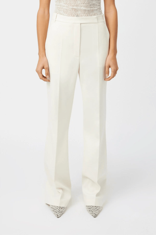 Palisade Pant Off White by Camilla and Marc, high-waisted flared pant with slant pockets and an extended waistband for sleek, structured elegance.