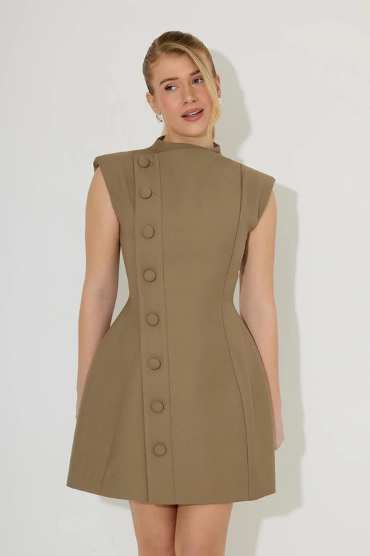 Sleeveless Button Detail Mini Dress by Odd Muse, tailored fit with signature cinch and button detail. Perfect for year-round occasions.