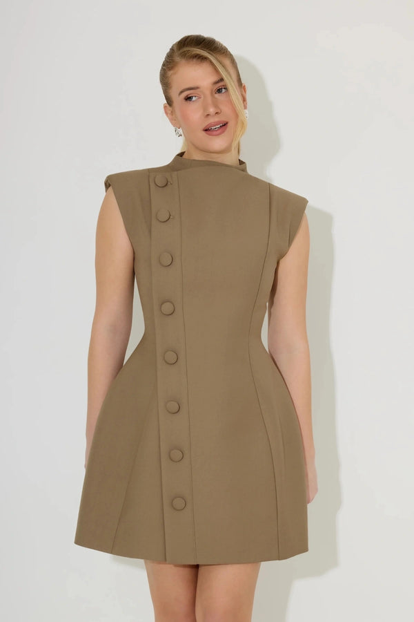 Sleeveless Button Detail Mini Dress by Odd Muse, tailored fit with signature cinch and button detail. Perfect for year-round occasions.