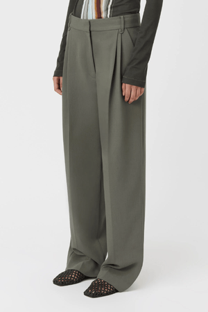 Annick Pant Sacramento Green by Camilla and Marc, double-pleated with a mid-low waist and pressed creases, perfect for modern tailoring or chic office dressing.