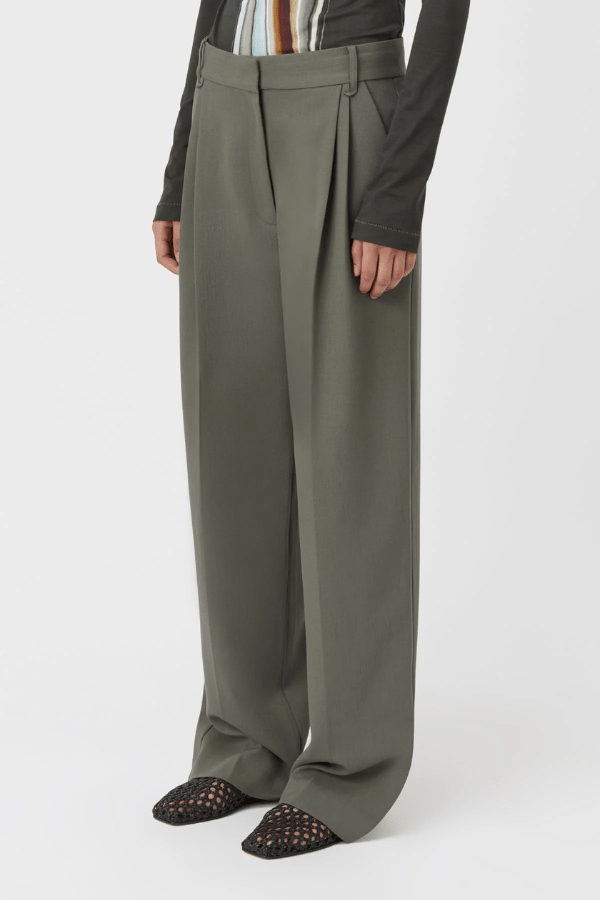 Annick Pant Sacramento Green by Camilla and Marc, double-pleated with a mid-low waist and pressed creases, perfect for modern tailoring or chic office dressing.