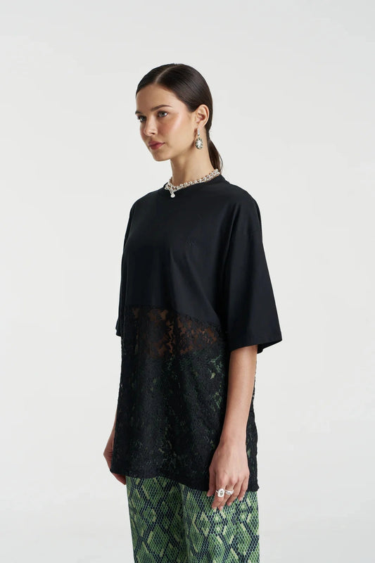 Lace Panel Tee Black by Summi Summi, cotton tee with lace detail, perfect for day to night styling