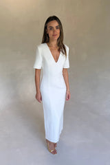 Bobbie Midi Dress White by Sneaky Link, tailored midi dress with V neck, perfect for events or polished styling