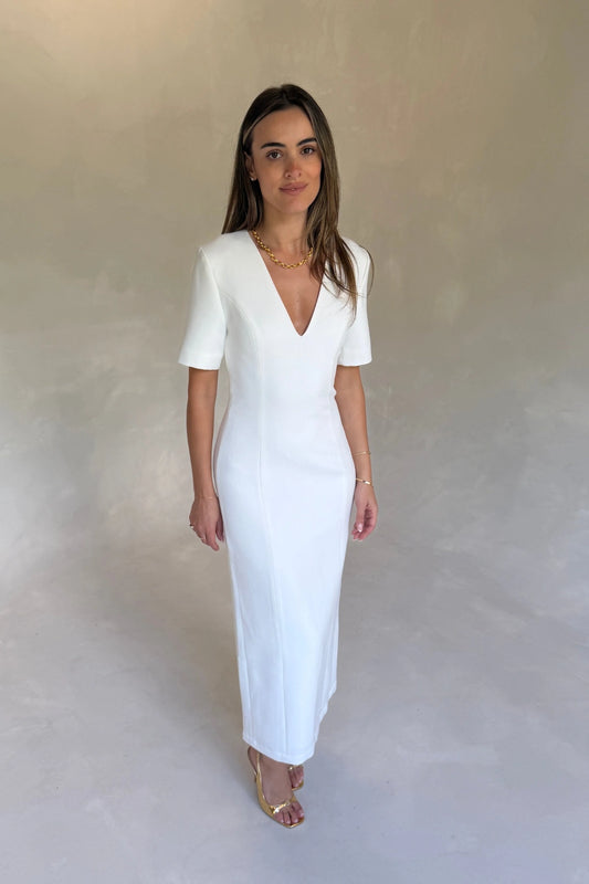 Bobbie Midi Dress White by Sneaky Link, tailored midi dress with V neck, perfect for events or polished styling
