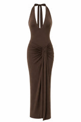 Donatella Maxi Dress Moca by Sneaky Link, ruched open back maxi dress perfect for elegant evening events