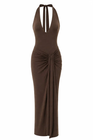 Donatella Maxi Dress Moca by Sneaky Link, ruched open back maxi dress perfect for elegant evening events