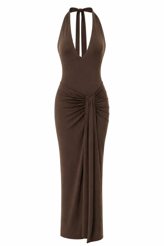 Donatella Maxi Dress Moca by Sneaky Link, ruched open back maxi dress perfect for elegant evening events