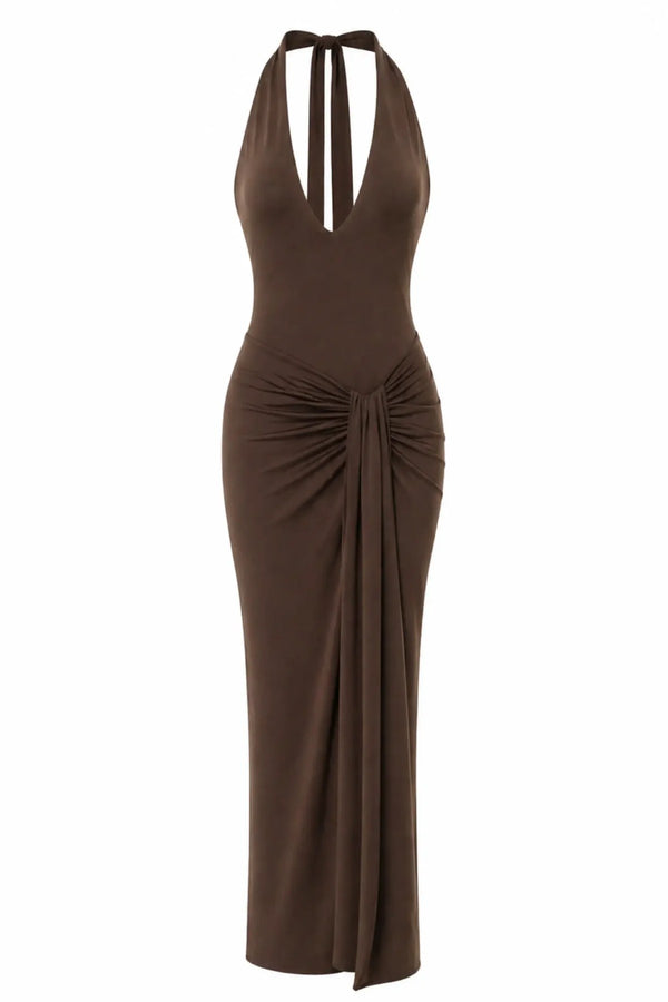 Donatella Maxi Dress Moca by Sneaky Link, ruched open back maxi dress perfect for elegant evening events