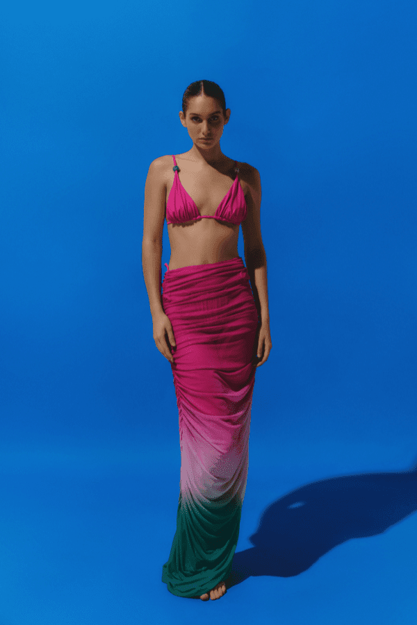 Bahia Maxi Pareo Claret by Baobab — A ruched, sheer mesh cover-up in maxi length. Lightweight and unlined for breezy comfort. Hand wash cold, lay flat to dry.