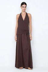 Sabrine Halter Maxi Dress Dark Chocolate by Bec + Bridge – a halter maxi with wrap detail and soft drape. Perfect for evening styling.