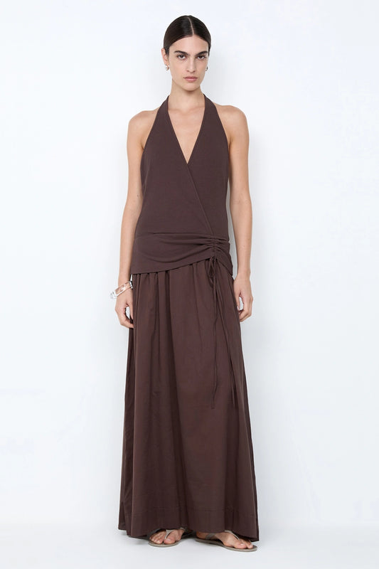 Sabrine Halter Maxi Dress Dark Chocolate by Bec + Bridge – a halter maxi with wrap detail and soft drape. Perfect for evening styling.