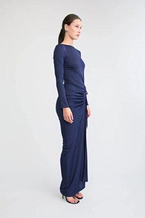 Suri Gown Navy by Pfeiffer, reversible jersey maxi dress with low back and adjustable gathered split